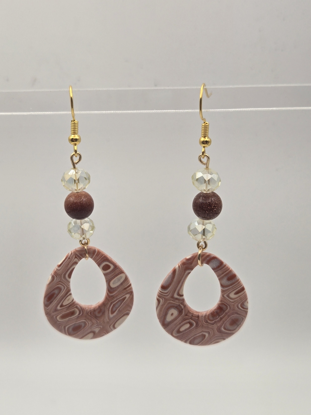 #B492- Gold Hook Pink-Brown Patterned Teardrop Dangle Earrings- Sandstone